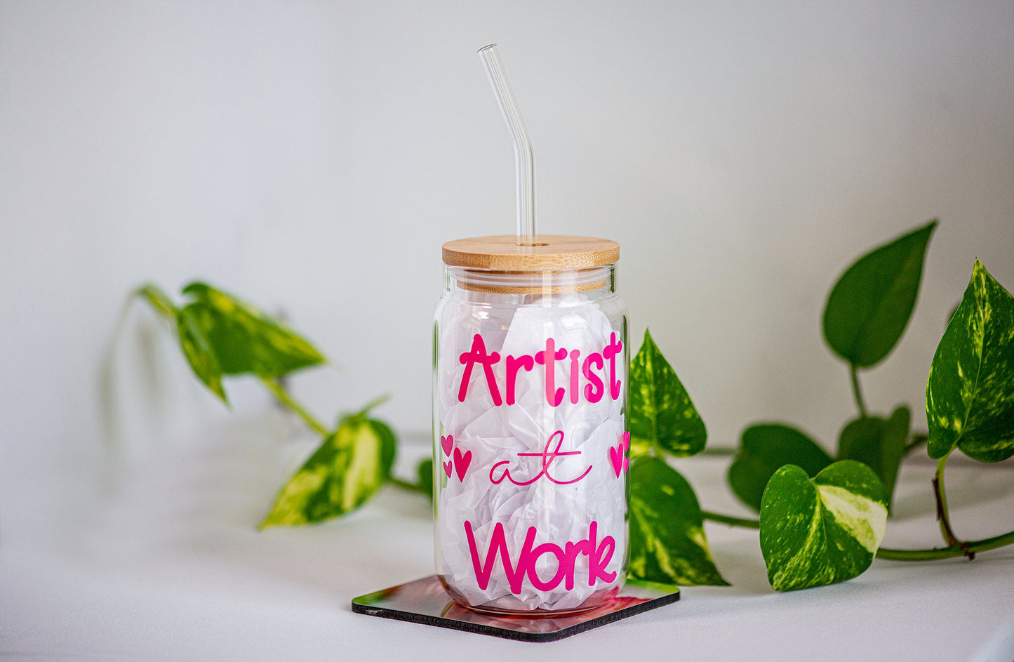 Artist at Work - Beer Can Style Glass with Lid and Glass straw