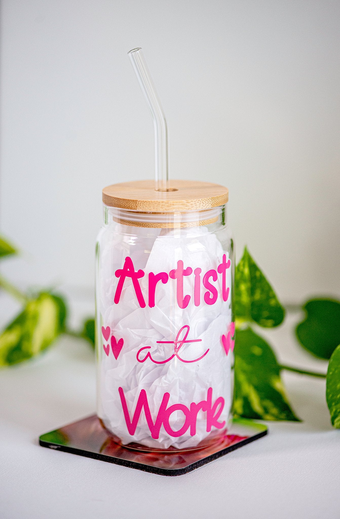 Artist at Work - Beer Can Style Glass with Lid and Glass straw